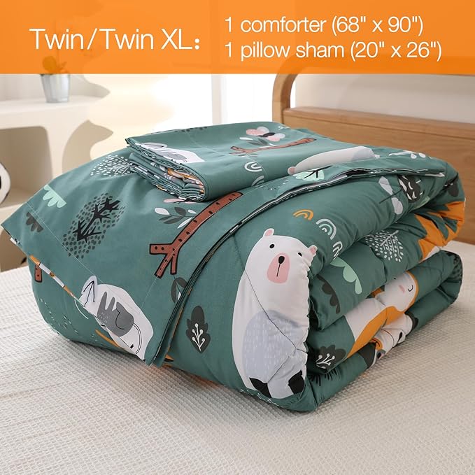 JSD Green Animal Forest Kids Comforter Set, 2 Pieces Twin Microfiber Comforter with Pillow Sham, Soft Comfortable Machine Washable - LeafyLoom