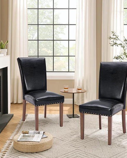 Parsons Dining Chairs Set of 4, Upholstered Nailhead PU Leather Dining Room Kitchen Side Chair with Thick Cushions and Wood Legs, Black - LeafyLoom
