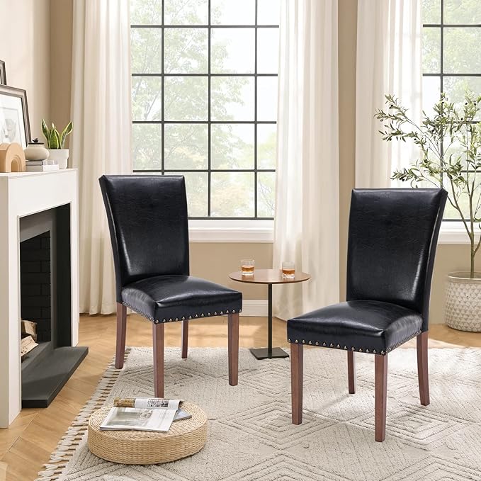 Parsons Dining Chairs Set of 4, Upholstered Nailhead PU Leather Dining Room Kitchen Side Chair with Thick Cushions and Wood Legs, Black - LeafyLoom