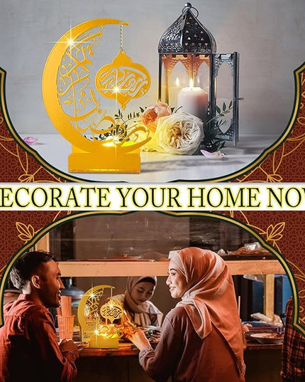 Eid Crafts Night Light 3D Metal Ramadan Eid Mubarak Ornaments Ramadan Decorations Ramadan Table Decor Ramadan Mubarak Light with 2 LED Candles for Home Eid Party Supplies (Classic) - LeafyLoom