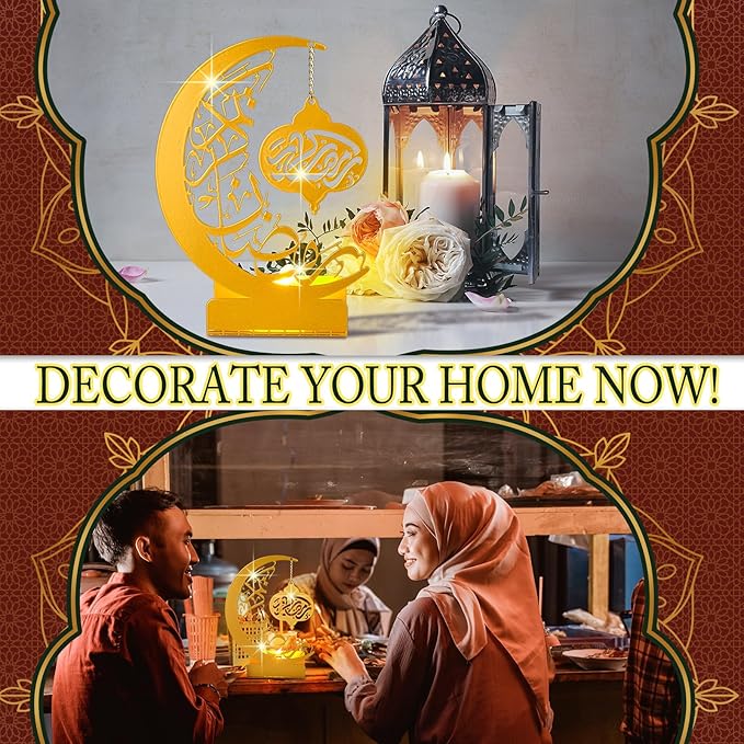 Eid Crafts Night Light 3D Metal Ramadan Eid Mubarak Ornaments Ramadan Decorations Ramadan Table Decor Ramadan Mubarak Light with 2 LED Candles for Home Eid Party Supplies (Classic) - LeafyLoom