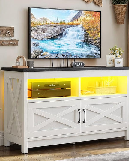 YITAHOME Entertainment Center with Power Outlets, RGB LED TV Stand for up to 40 Inch TVs, Farmhouse Media Console TV Cabinet for Living Room, X-Shape Design (35 Inches, Black/White) - LeafyLoom