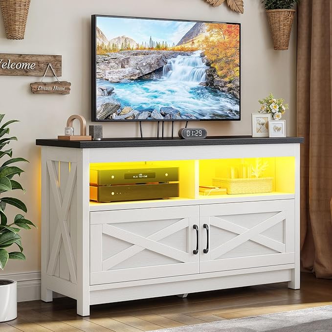 YITAHOME Entertainment Center with Power Outlets, RGB LED TV Stand for up to 40 Inch TVs, Farmhouse Media Console TV Cabinet for Living Room, X-Shape Design (35 Inches, Black/White) - LeafyLoom