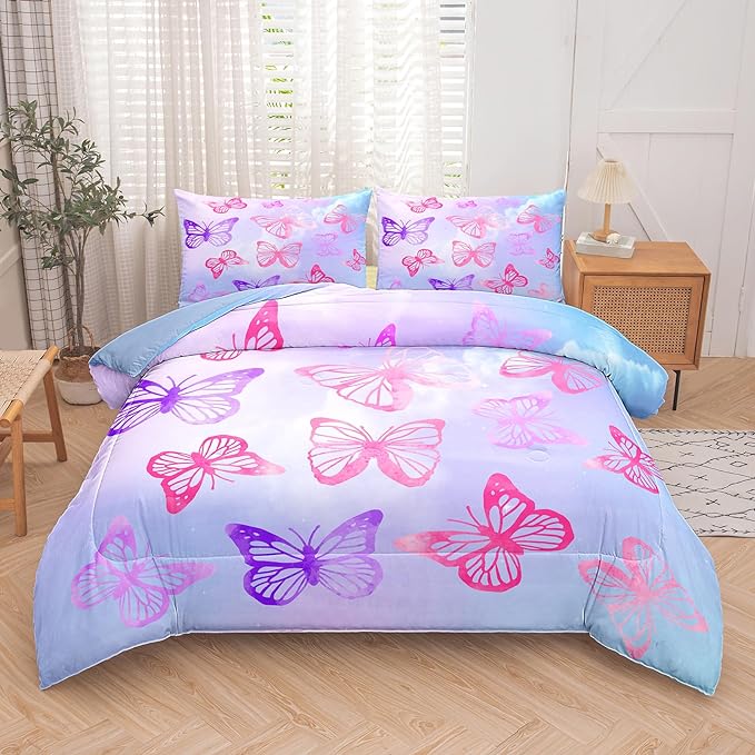 Tailor Shop Butterfly Comforter Sets King Size,Purple Butterfly Bedding Sets for Girls Kids Teens with 2 Pillowcase… - LeafyLoom