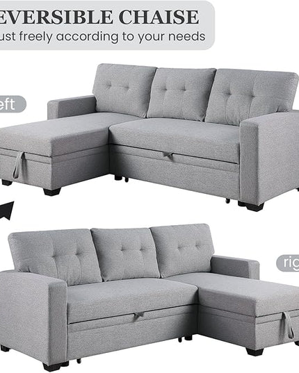 L Shape Sleeper Sofa Bed with Storage, Large Full Size Pull Out Sectional Couch, Futon Chaise Lounge Recliner for Living Room, Apartment, Bedroom, Office, Grey - LeafyLoom