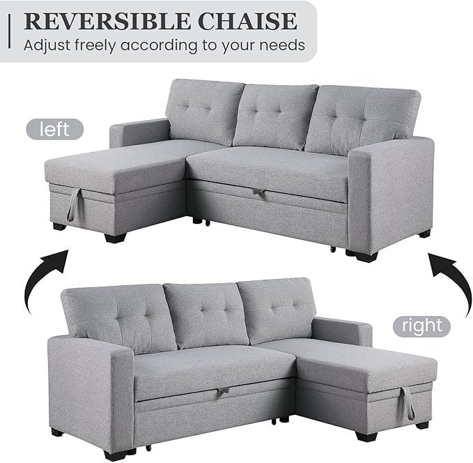 L Shape Sleeper Sofa Bed with Storage, Large Full Size Pull Out Sectional Couch, Futon Chaise Lounge Recliner for Living Room, Apartment, Bedroom, Office, Grey - LeafyLoom