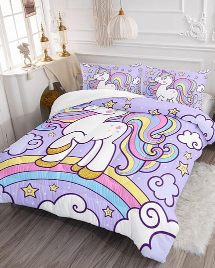 Axolotl Rainbow Unicorn Bedding Set Twin,Purple Unicorn Kids Comforter Sets with Stars Cloud for Girls,1 Quilt with 2 Pillowcases for Girls Kids Teens Children Adults Bedroom Decor All Season - LeafyLoom