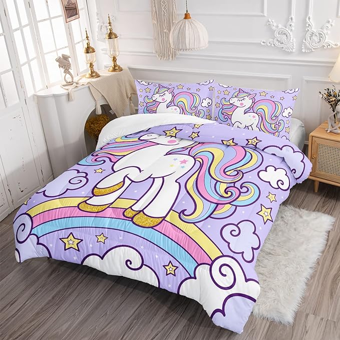 Axolotl Rainbow Unicorn Bedding Set Twin,Purple Unicorn Kids Comforter Sets with Stars Cloud for Girls,1 Quilt with 2 Pillowcases for Girls Kids Teens Children Adults Bedroom Decor All Season - LeafyLoom