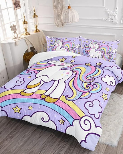 Axolotl Rainbow Unicorn Bedding Set Full,Purple Unicorn Kids Comforter Sets with Stars Cloud for Girls,1 Quilt with 2 Pillowcases for Girls Kids Teens Children Adults Bedroom Decor All Season - LeafyLoom