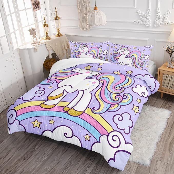 Axolotl Rainbow Unicorn Bedding Set Full,Purple Unicorn Kids Comforter Sets with Stars Cloud for Girls,1 Quilt with 2 Pillowcases for Girls Kids Teens Children Adults Bedroom Decor All Season - LeafyLoom