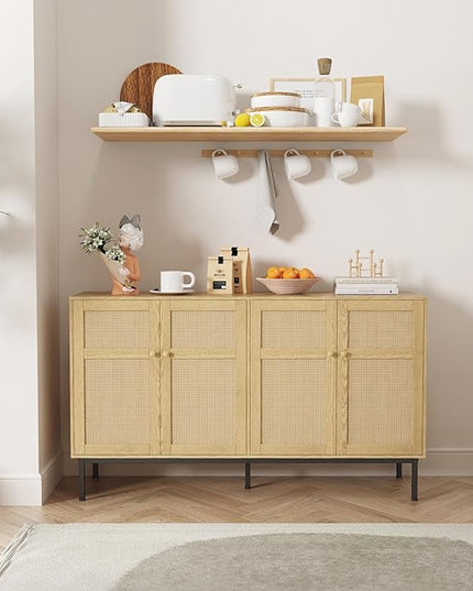 Lifewit Rattan Sideboard Buffet Cabinet, Console Table, Credenza, Storage Cabinet, Coffee Bar Cabinet for Kitchen, Dining Room, Living Room, Entryway, 4 Doors, Natural - LeafyLoom