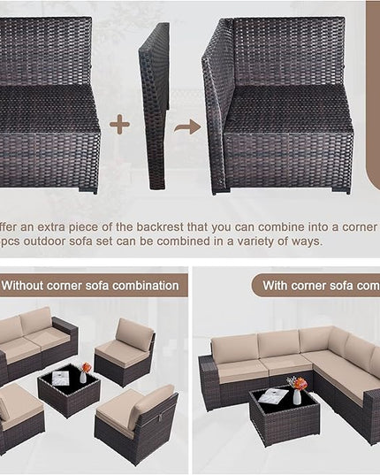 Patio Furniture Set Sofa 6-Piece Wicker Sectional Sofa Set, Outdoor Furniture Rattan Patio Sofa Conversation Set with Thickened Cushions and Glass Coffee Table, Sand - LeafyLoom