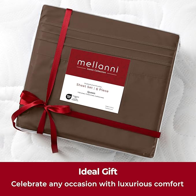Mellanni California King Sheets Set - 6 PC Iconic Collection Bedding Sheets & Pillowcases - Ultra Soft, Cooling Bed Sheets - Deep Pocket up to 16 inch - 6 PC (Cal King, Brown w/Extra Pillow Cases) - LeafyLoom