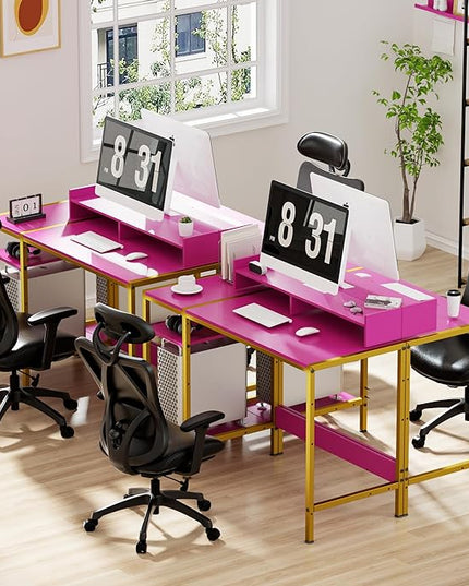 Computer Gaming Desk - 47" Home Office Desk with Storage, Writing Desk with Monitor Stand, Modern Simple Study Corner Table, Adjustable Storage Space, Pink - LeafyLoom