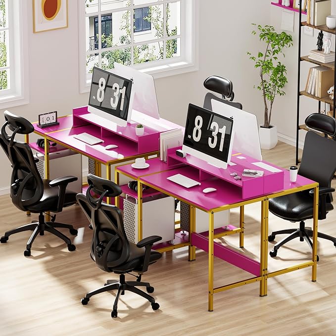 Computer Gaming Desk - 39" Home Office Desk with Storage, Writing Desk with Monitor Stand, Modern Simple Study Corner Table, Adjustable Storage Space, Pink - LeafyLoom