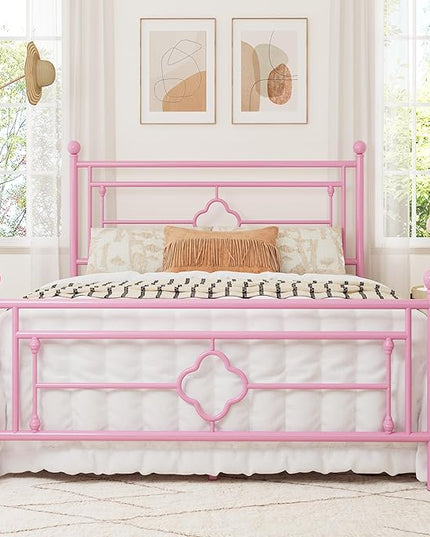 Allewie Full Size Metal Platform Bed Frame with Victorian Vintage Headboard and Footboard/Mattress Foundation/Under Bed Storage/No Box Spring Needed/Noise-Free/Easy Assembly, Pink - LeafyLoom
