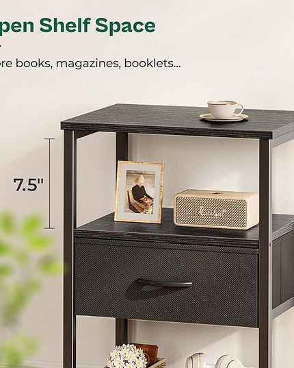 Night Stand with Fabric Drawer, Side Table with Mesh Shelf, Bedroom Nightstand, Fabric Drawer Dresser, Open Shelf, Metal Frame, Couch Side, Black - LeafyLoom