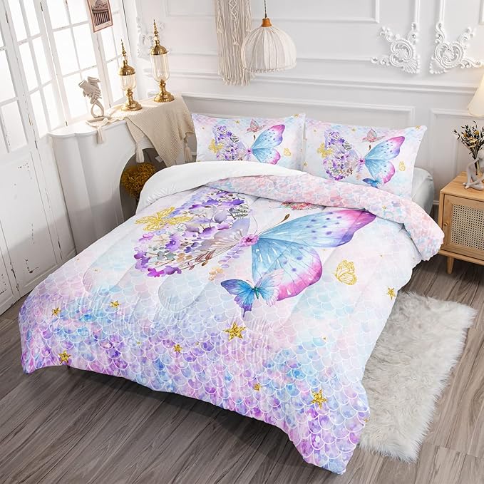 Axolotl Butterfly Bedding Queen,Rainbow Butterfly Comforter Set for Girls Teens,Butterfly Bedding for Girls with Golden Star Scales Pattern,Butterfly Printed Quilt Set with 1 Comforter 2 Pillowcases - LeafyLoom