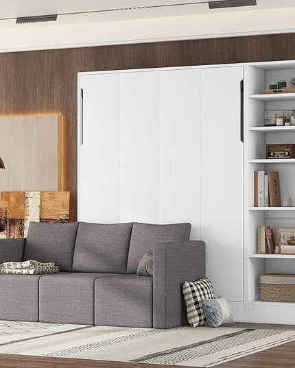 Merax, White Full Size Murphy Bed Wallbed with Sofa,Side Storage Shelves,Space Saving,for Guest Living Room - LeafyLoom