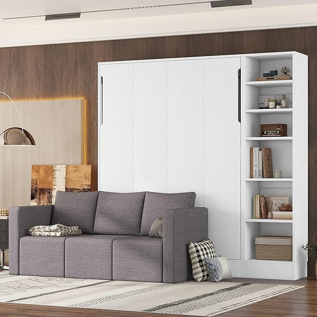 Merax, White Full Size Murphy Bed Wallbed with Sofa,Side Storage Shelves,Space Saving,for Guest Living Room - LeafyLoom