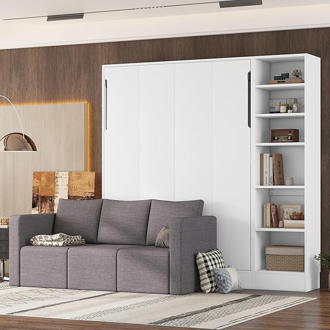 Merax, White Full Size Murphy Bed Wallbed with Sofa,Side Storage Shelves,Space Saving,for Guest Living Room - LeafyLoom