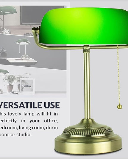 Newhouse Lighting NHDK-MO-GOAZ Morgan Antique Green and Brass Glass and Metal Adjustable Classic Banker Lamp | Compatible with Energy-Efficient LED Bulb - LeafyLoom