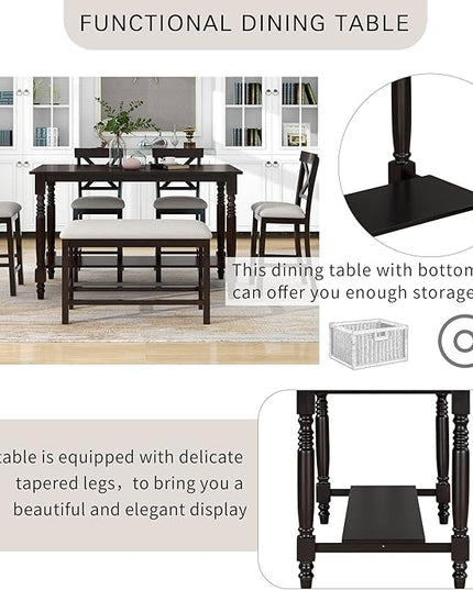 6-Piece Counter Height Kitchen Table Set, Dining Table Set for 6 with 4 Upholstered Chairs, Bench and Storage Shelf, Dining Room Table Set for Kitchen, Living Room, Espresso+Beige - LeafyLoom