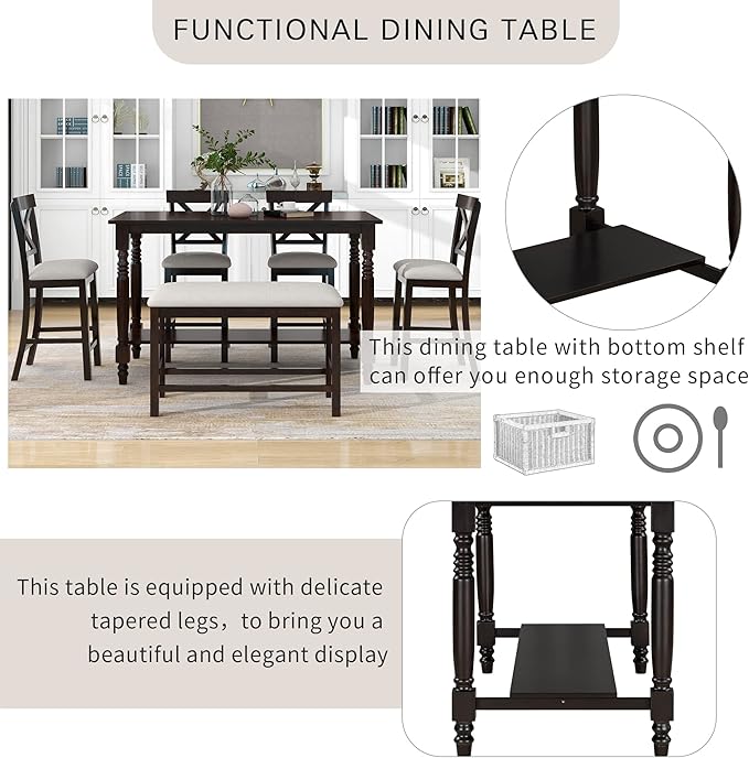 6-Piece Counter Height Kitchen Table Set, Dining Table Set for 6 with 4 Upholstered Chairs, Bench and Storage Shelf, Dining Room Table Set for Kitchen, Living Room, Espresso+Beige - LeafyLoom