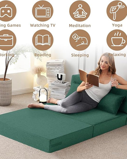 Convertible Folding Sofa Bed-Sleeper Chair with Pillow, Modern Linen Fabric Floor & Futon Couch, Foldable Mattress for Living Room/Dorm/Guest Use/Home Office/Apartment, Full Size,Dark Green - LeafyLoom