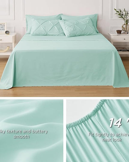 Bedsure Twin XL Comforter Set - Extra Long 5 Pieces Dorm Room Essentials, Pinch Pleat Mint Green Bed in a Bag with Comforter, Sheets, Pillowcase & Sham, Kids Bedding Set - LeafyLoom