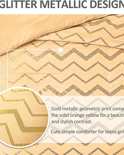 Yellow Gold Comforter Set Twin Size Metallic Bedding Set for Girls Lightweight Microfiber Comforter Set,3 Piece (1 Matching Sham + 1 Decorative Pillow) - LeafyLoom