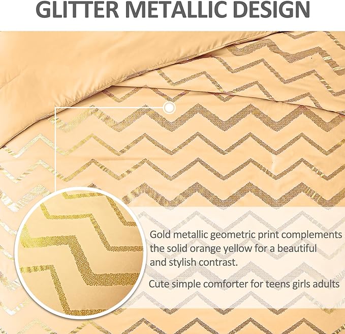 Yellow Gold Comforter Set Queen Size Metallic Bedding Set for Girls Lightweight Microfiber Comforter Set,4 Piece (2 Matching Sham + 1 Decorative Pillow) - LeafyLoom