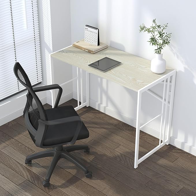 40 inch Folding Desk, Writing Gaming Computer Camping Desk, No Assembly Required Home Office Table, Natural and White - LeafyLoom