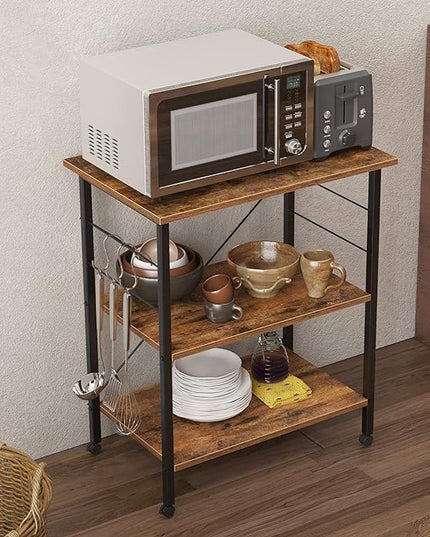 sogesfurniture 3-Tier Kitchen Baker's Rack Utility Shelf Microwave Oven Stand Storage Cart Workstation Shelf 3-Tier Kitchen Utility Cart on Wheels with Storage, Rustic Brown - LeafyLoom