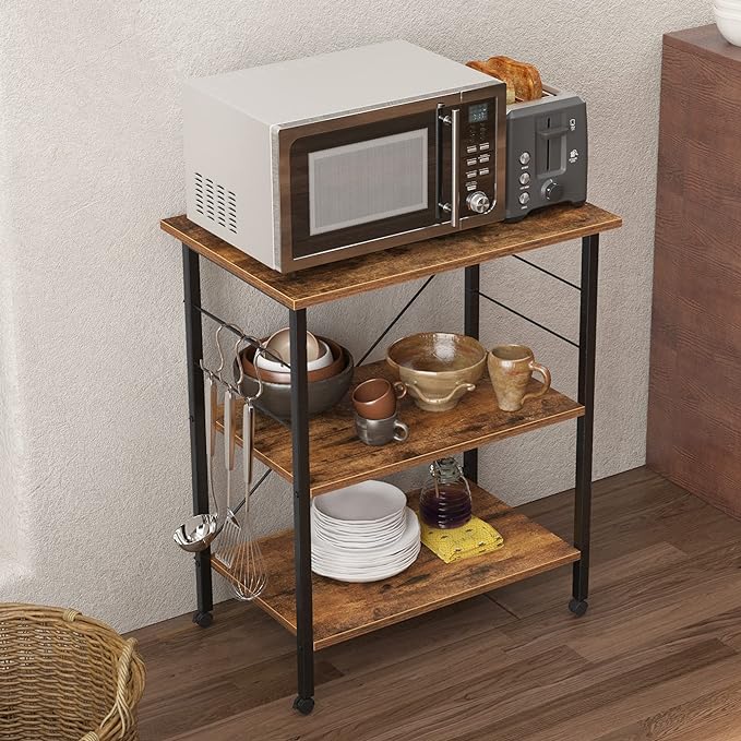 sogesfurniture 3-Tier Kitchen Baker's Rack Utility Shelf Microwave Oven Stand Storage Cart Workstation Shelf 3-Tier Kitchen Utility Cart on Wheels with Storage, Rustic Brown - LeafyLoom