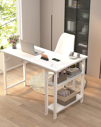 Lufeiya White L Shaped Computer Desk with Power Outlet Shelves, 40 Inch Small Corner Desk for Small Space Home Office, L-Shaped Desk PC Desks, White - LeafyLoom