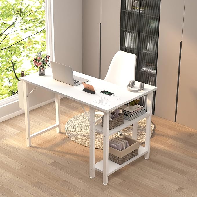 Lufeiya White L Shaped Computer Desk with Power Outlet Shelves, 40 Inch Small Corner Desk for Small Space Home Office, L-Shaped Desk PC Desks, White - LeafyLoom