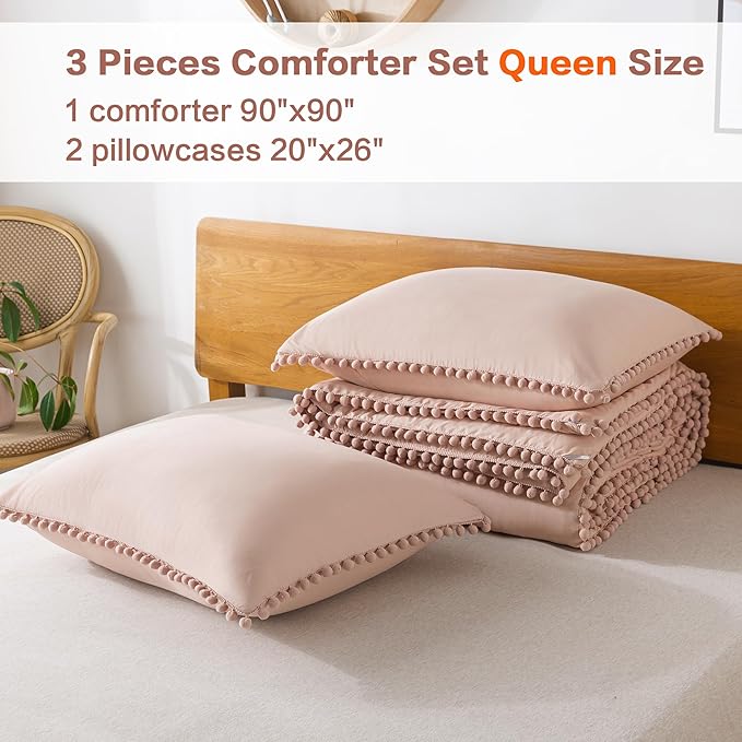 Litanika Queen Size Comforter Set Pink,3 Pieces Blush Boho Pom Pom Lightweight Bed Comforter, All Season Soft Solid Color Bedding Comforter Sets for Girls (1 Comforter 90x90 Inch, 2 Pillowcases) - LeafyLoom