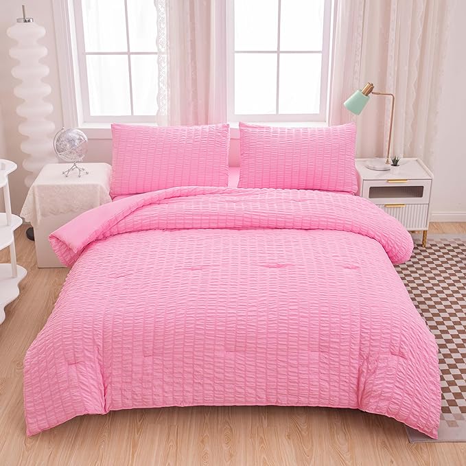 Twin Bed in a Bag Pink Seersucker Comforter Set 5-Pieces Microfiber Lightweight Comforter All Season Bedding Sets with Comforter,Flat Sheet,Fitted Sheet and Pillowcases - LeafyLoom