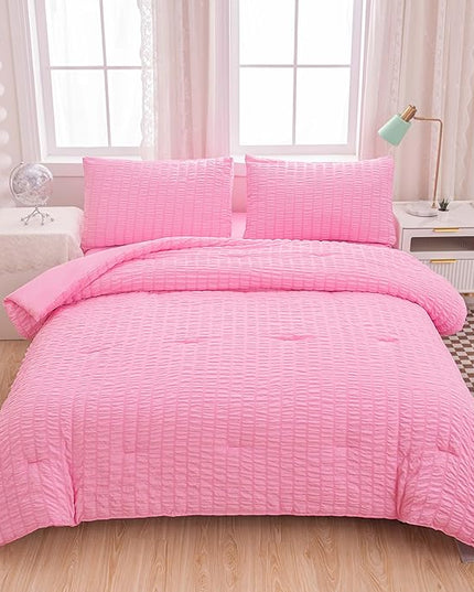 Pink Comforter Sets King Size, Pink Seersucker Bedding Set 3-Pieces Bed in a Bag Microfiber Lightweight Comforter All Season Bedding Sets with 2 Pillowcases - LeafyLoom