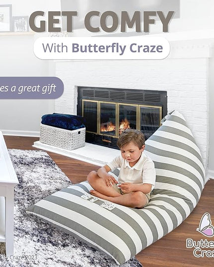 Butterfly Craze Bean Bag Chair Cover, Functional Toddler Toy Organizer, Fill with Stuffed Animals to Create a Jumbo, Comfy Floor Lounger for Boys or Girls, Stuffing Not Included, Grey Stripe - LeafyLoom