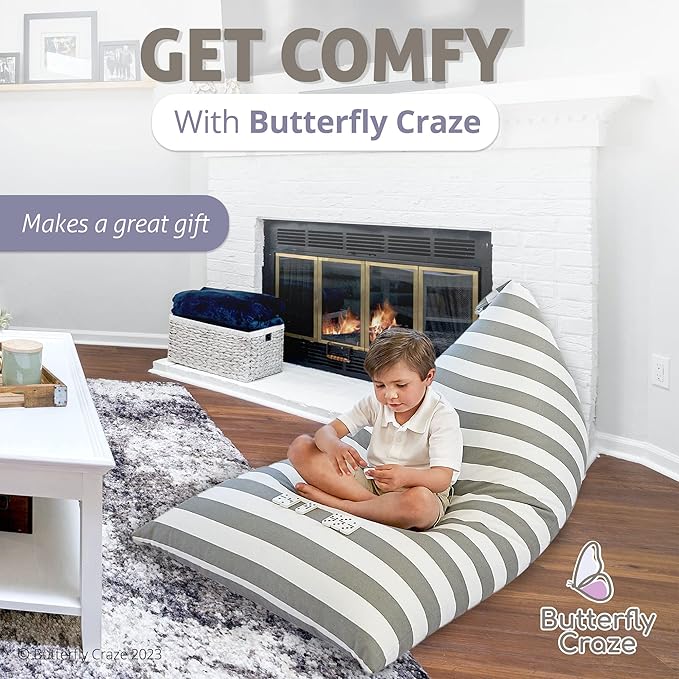 Butterfly Craze Bean Bag Chair Cover, Functional Toddler Toy Organizer, Fill with Stuffed Animals to Create a Jumbo, Comfy Floor Lounger for Boys or Girls, Stuffing Not Included, Grey Stripe - LeafyLoom