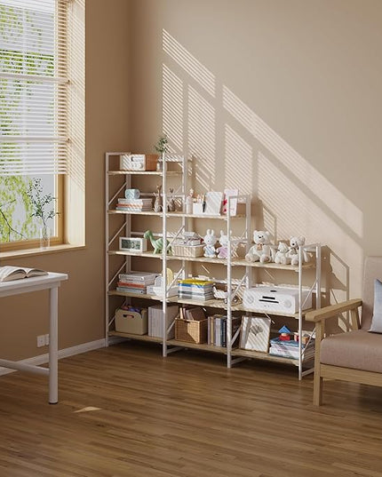JSB No Assembly Folding Bookshelf, 4 Tier Industrial Metal Book Shelf for Storage, Vintage Wood foldable Bookcase for Living Room, Bedroom, Office Organization Shelves - LeafyLoom