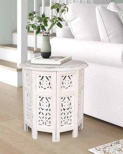 Round Side Table,Small Table, Round End Table,Side Table, Side Tables Living Room,End Table,Altar Table, Carved Side Table,Wood Accent Table,Carved Wood Table 18" Round Top x 18" High White Antique - LeafyLoom