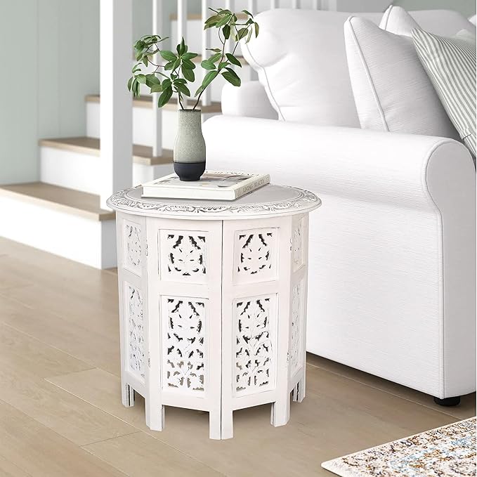 Round Side Table,Small Table, Round End Table,Side Table, Side Tables Living Room,End Table,Altar Table, Carved Side Table,Wood Accent Table,Carved Wood Table 18" Round Top x 18" High White Antique - LeafyLoom