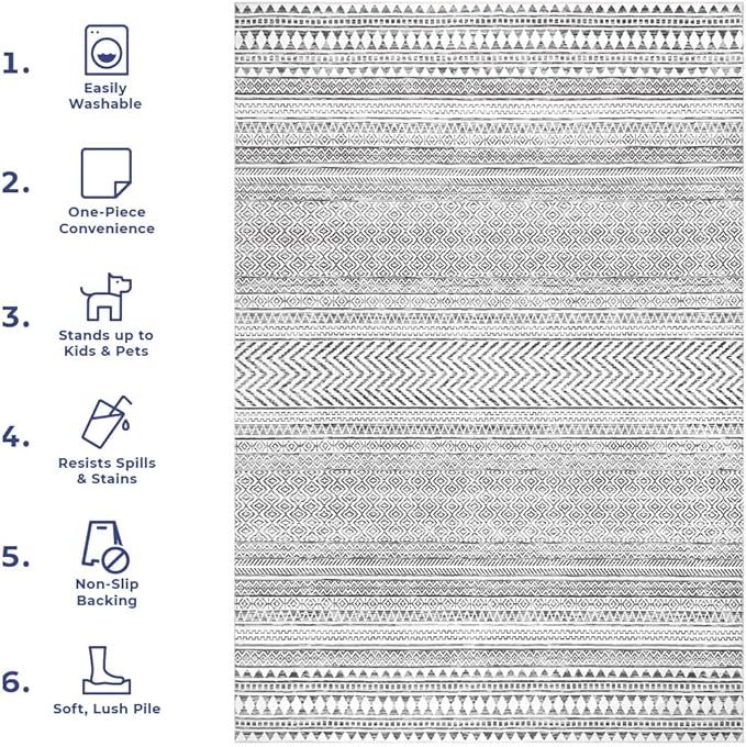 nuLOOM Kira Machine Washable Tribal Geometric Ultra Thin Area Rug, 9' x 12', Grey - LeafyLoom