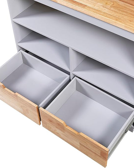 Rolling Storage, Two-sided Kitchen Island Cart on Wheels with Wood Top, Wine and Spice Rack, 2 Drawers, 3 Open Compartments, for Dining Room, Home, Grey Blue, 46 Inch - LeafyLoom