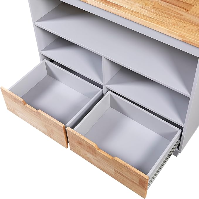 Rolling Storage, Two-sided Kitchen Island Cart on Wheels with Wood Top, Wine and Spice Rack, 2 Drawers, 3 Open Compartments, for Dining Room, Home, Grey Blue, 46 Inch - LeafyLoom