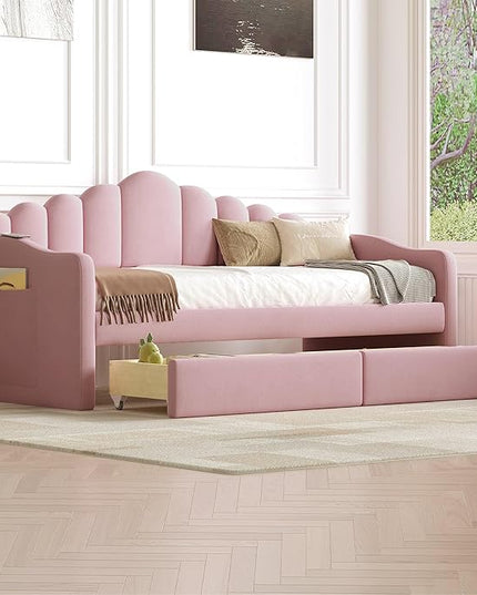 Twin Size Upholstered Daybed with 2 Drawers and Striped Headboard, Solid Wood Velvet Bed with USB Charging Ports, Space-Saving Design, No Box Spring Needed, for Living Room, Bedroom, Dorm, Pink - LeafyLoom