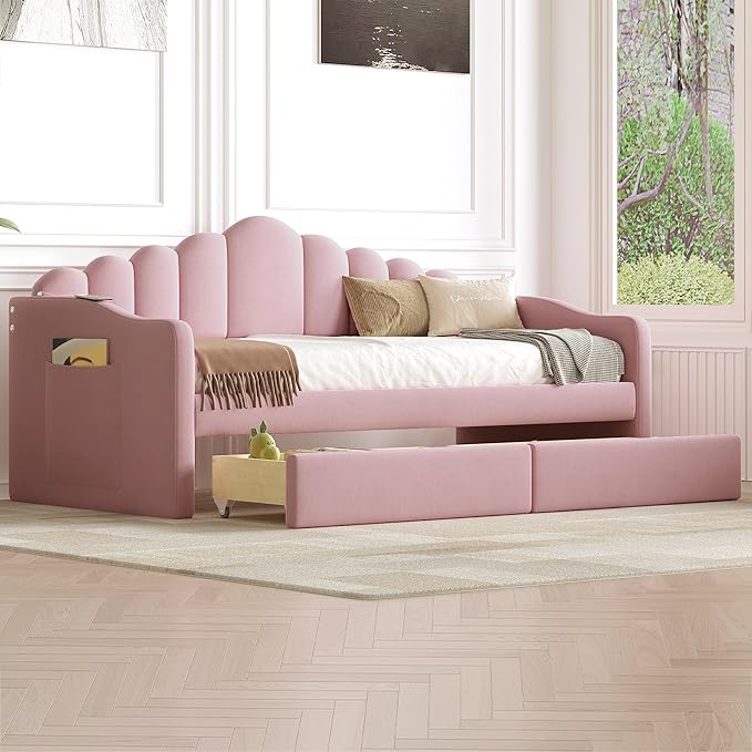 Twin Size Upholstered Daybed with 2 Drawers and Striped Headboard, Solid Wood Velvet Bed with USB Charging Ports, Space-Saving Design, No Box Spring Needed, for Living Room, Bedroom, Dorm, Pink - LeafyLoom